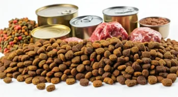 Cat and Dog Food Comparison: A Complete Nutrition Guide 3 A variety of pet food including dry kibble, canned food, and raw meat on a white background.