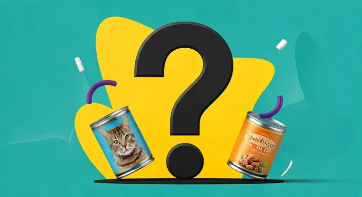 Graphic with a large black question mark, two cans with cat images, on a blue background.