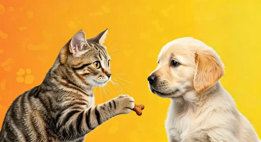 A tabby cat offering a treat to a dog against a yellow background.