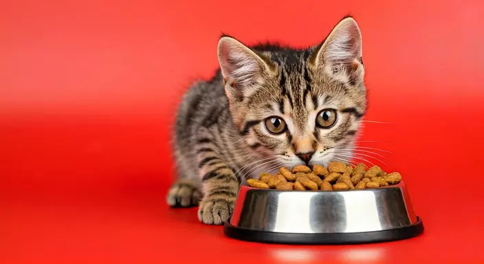 A striped kitten eating from a bowl on a red background.