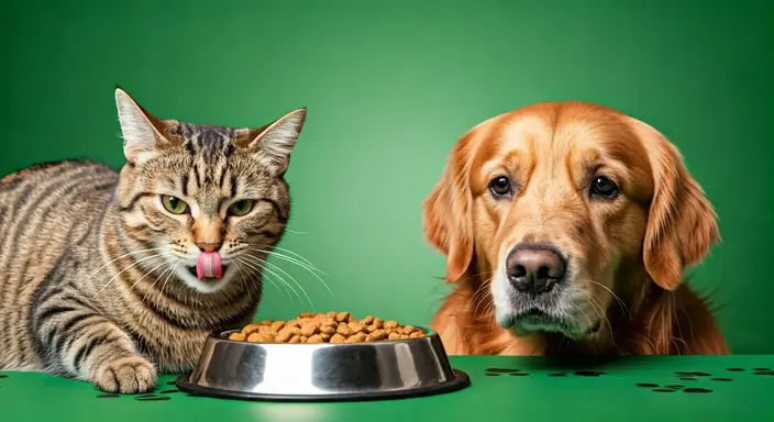 A cat licks its nose beside a bowl of food on a green background.