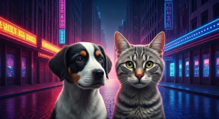 cats vs dogs in a neon-lit cityscape.
