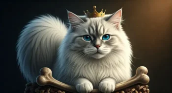 Majestic white cat with a crown, perched atop a pillow with bones.