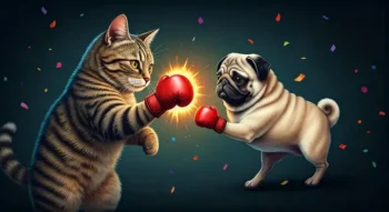 cat and pug dog wearing boxing gloves, playfully touching gloves.