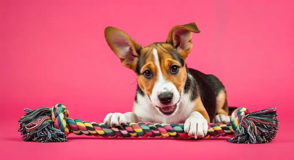 A dog with large ears biting a colorful rope toy on a pink background.