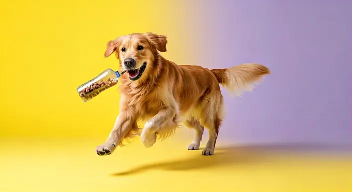 Golden retriever carrying a jar of treats against a yellow background.