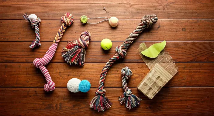 Assorted dog toys and a paper bag on a wooden floor.