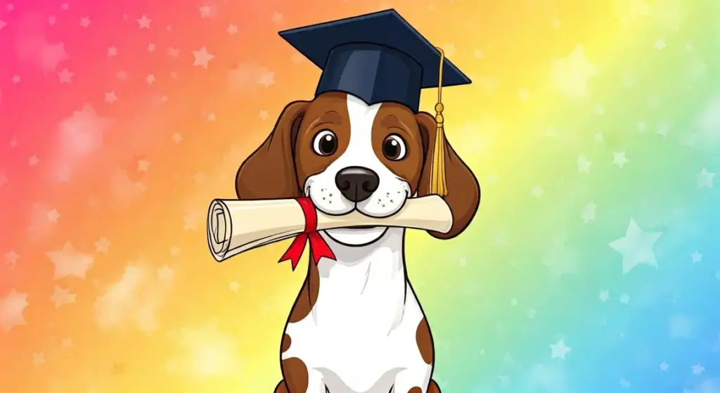 dog wearing a graduation cap and holding a diploma in its mouth against a rainbow backdrop.