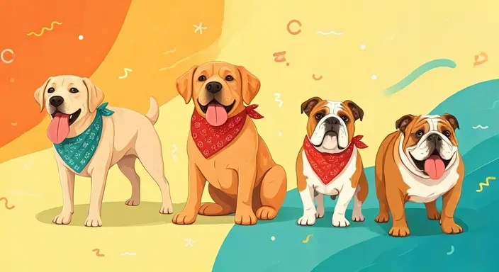 four cheerful cartoon dogs with bandanas on a colorful background.