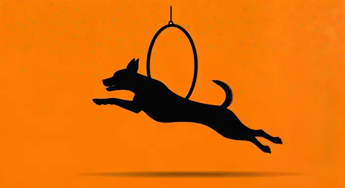 Silhouette of a jumping dog and a hanging hoop against an orange background.