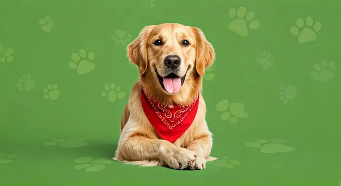 A golden retriever wearing a red bandana on a green background with paw prints.