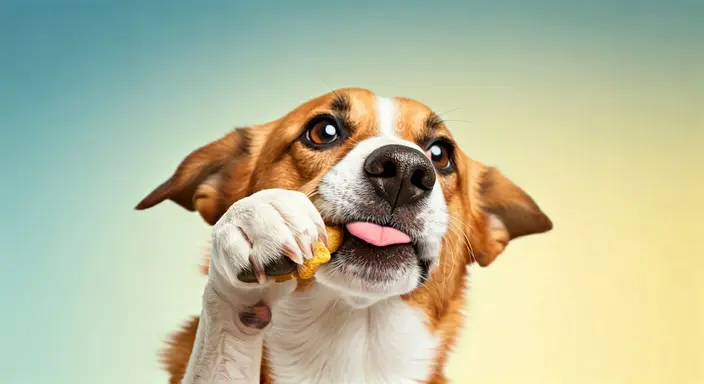 A beagle holding a treat with its paw, sticking out its tongue, with a gradient background.