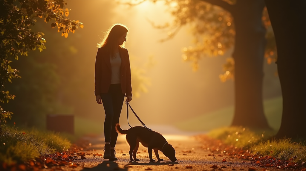 Person walking a dog on a path lined with autumn trees, illuminated by warm sunset light.