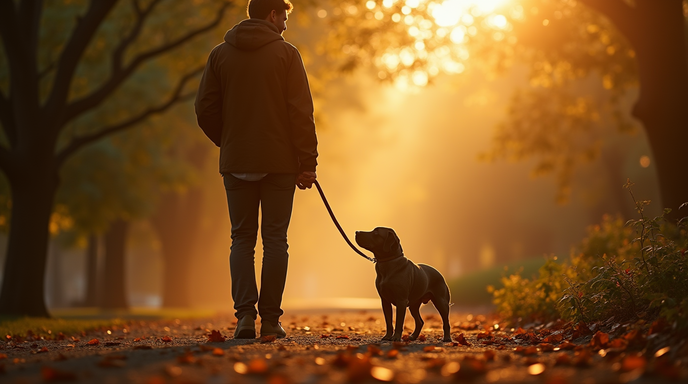 Person walking a dog on a tree-lined path during a misty autumn sunrise.