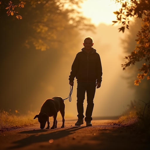 Person walking with a dog on a sunlit forest path.