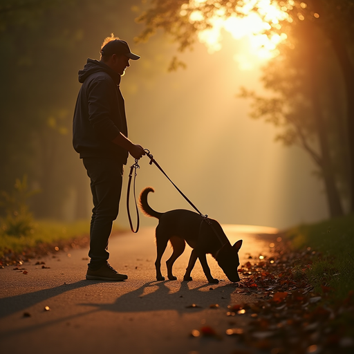 A person standing with a dog on a leash on a misty path with a warm backlit sunset.