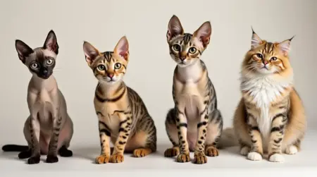 Four cats in a row: a Sphynx, a Bengal, and two other mixed breed cats posing.