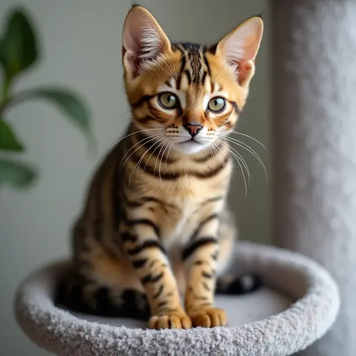 A Bengal kitten with striking markings sitting inside a cozy cat bed.