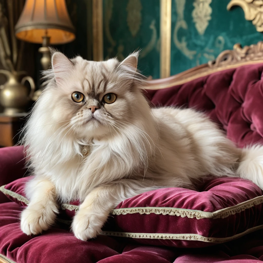 Fluffy white cat with striking eyes lounging on a plush burgundy pillow, elegant vintage interior.