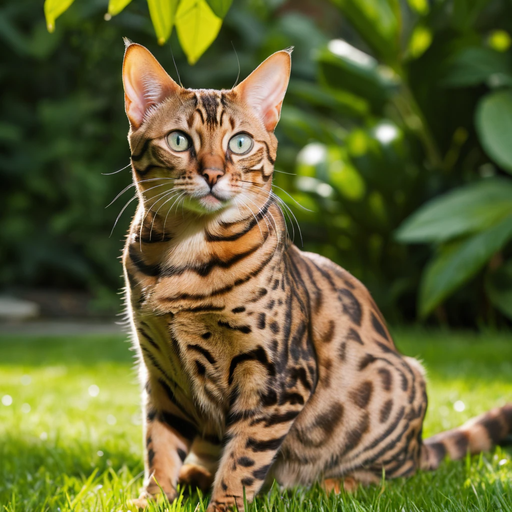 A Bengal cat with striking markings sitting on grass, with a curious look, surrounded by green foliage.