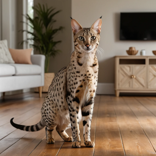 A Bengal cat with striking spots and rosettes standing on a wooden floor in a living room.