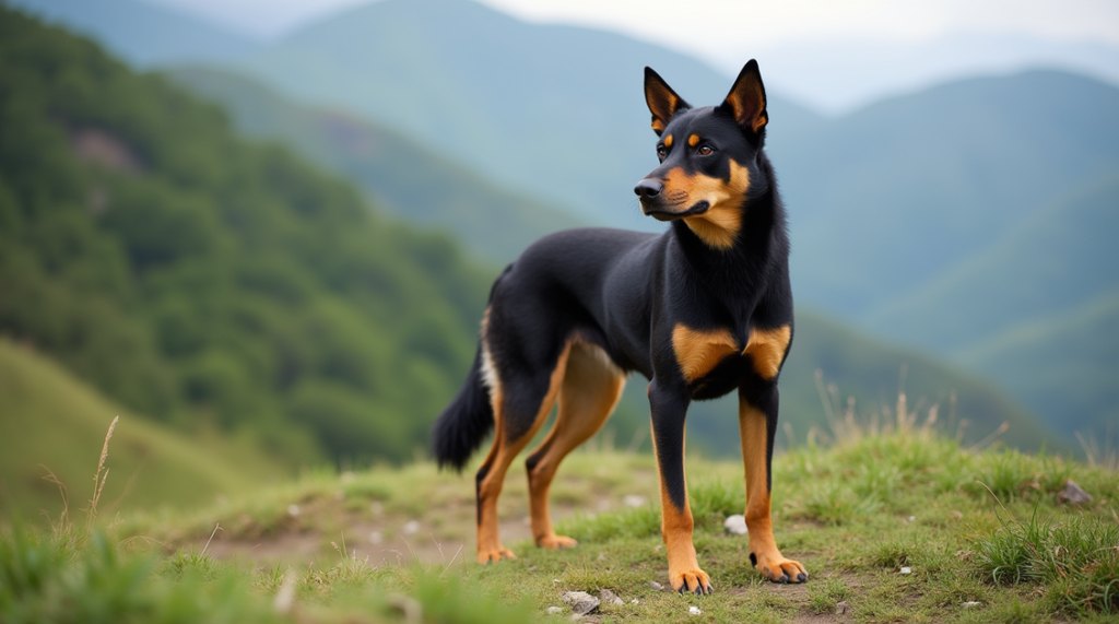 Formosan Mountain Dog standing in front of a hilly, green landscape.