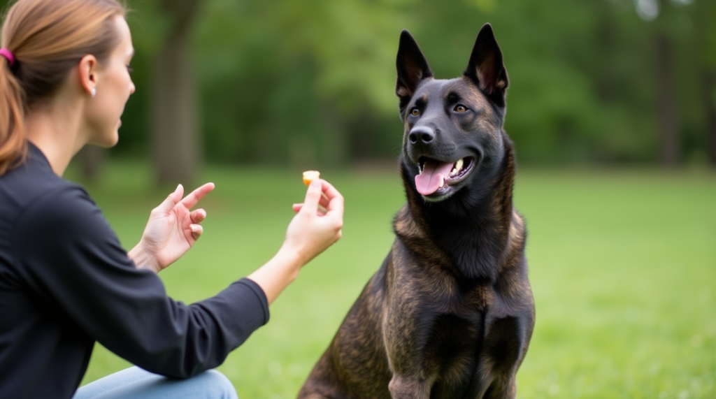 Formosan Mountain dog attentively looks at a treat held by a person outdoors.