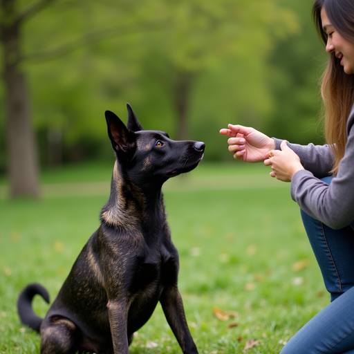 Formosan Mountain dog sitting attentively on grass looking at a person's hand gesture.