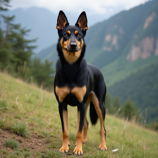 Formosan Mountain Dog standing on a grassy hill with mountains in the background.