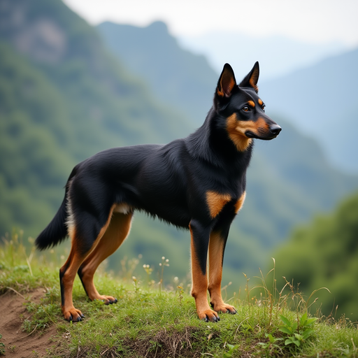 Formosan Mountain Dog stands alert on a grassy hillside with mountains in the background.