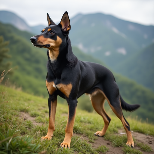 Formosan Mountain Dog standing alert in a mountainous landscape.