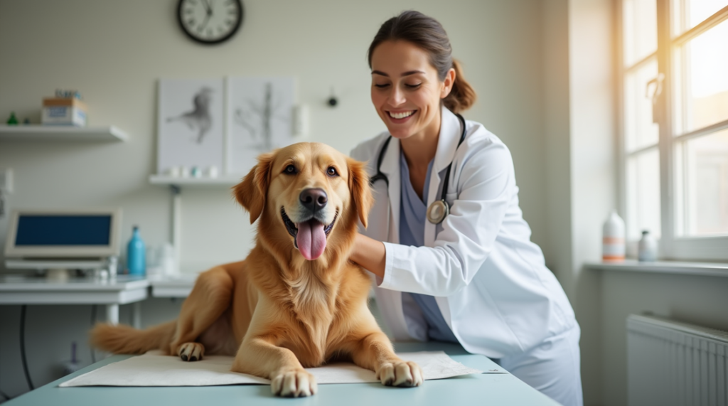 Veterinarian in a clinic examining a golden retriever on an exam table.