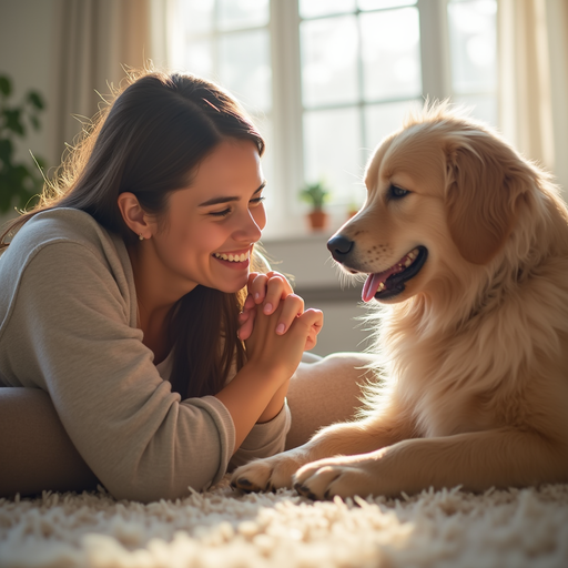 A person and a happy golden retriever lying on a carpet in a sunny room.