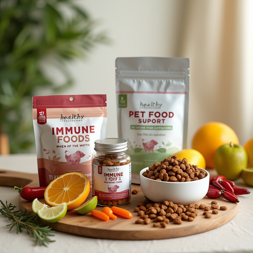 Pet food and supplements on a table with fruits and vegetables in the background.