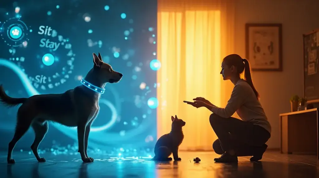 A dog with a glowing collar and a cat inside a home with futuristic holographic displays.