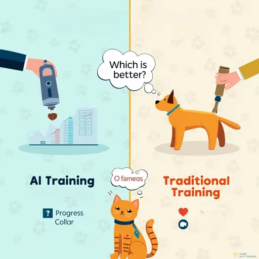 Illustration comparing AI training for a cat and traditional training for a dog.