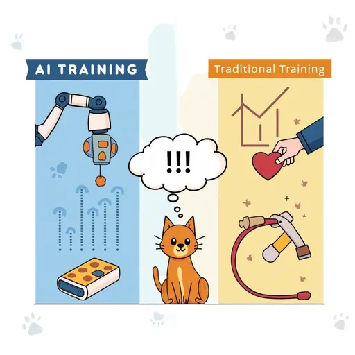 Illustration contrasting AI training with robotic arm and data points to traditional training 