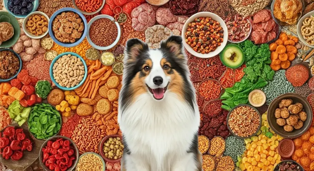 Shetland Sheepdog surrounded by assorted colorful foods arranged in a pattern.