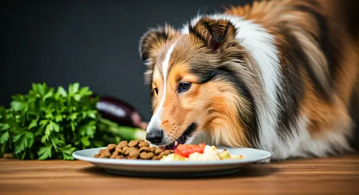 A Shetland Sheepdog sniffing at a plate of dog food on a table.