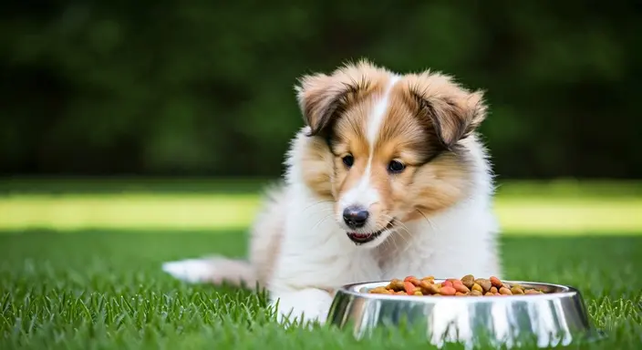 A Shetland Sheepdog puppy lying in grass eyeing a bowl of kibble.