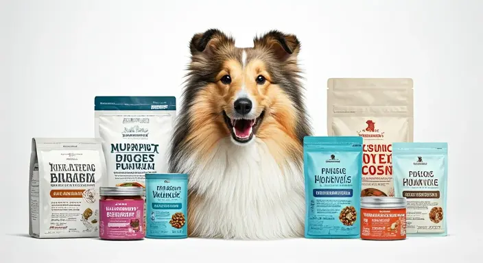 A smiling Shetland Sheepdog flanked by a variety of colorful dog food packages.