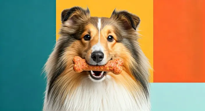 Shetland Sheepdog with a bone in mouth against a colorful background.