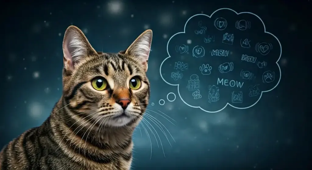 A tabby cat with a thought bubble filled with fish and "MEOW" text