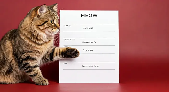 A tabby cat with its paw on a 'MEOW' eye chart against a red background.