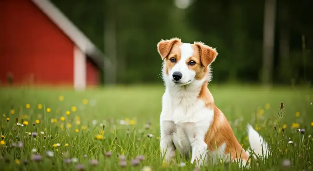 danish swedish farmdog sitting on grass with wildflowers, red barn in background.