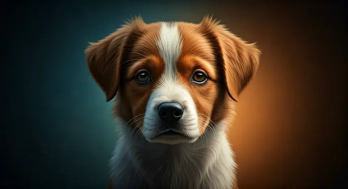 danish swedish farmdog viewed from the back against a blue and orange backdrop.