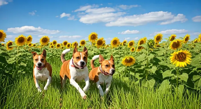 danish swedish farmdogs running joyfully in a sunny field of sunflowers.