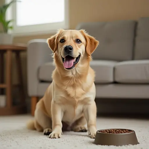 Golden retriever sitting on a carpet beside a bowl of dog food, tongue out, with a sofa in the background.