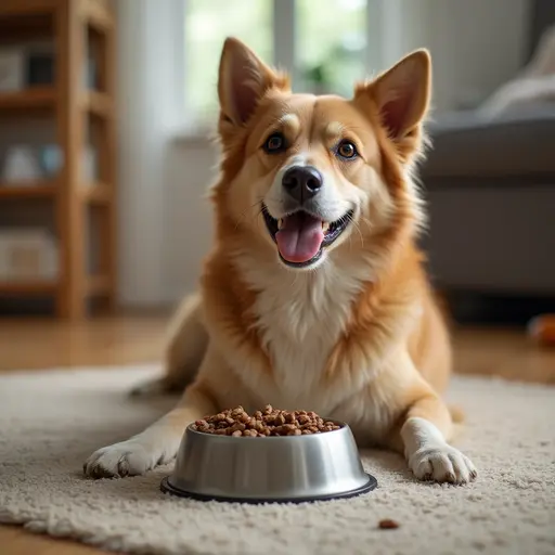 A smiling Corgi dog lying on a rug beside a full bowl of dog food.