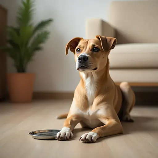 A dog sitting on the floor next to an empty bowl.